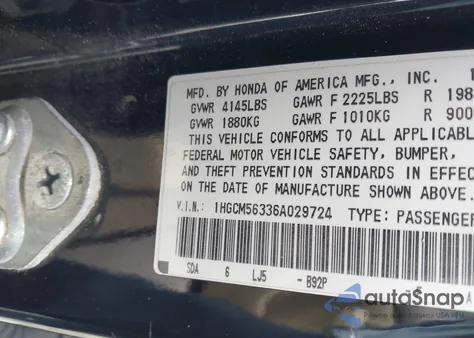 2006 Honda Accord 2.4 Se из США, поврежденный, VIN 1HGCM56336A029724